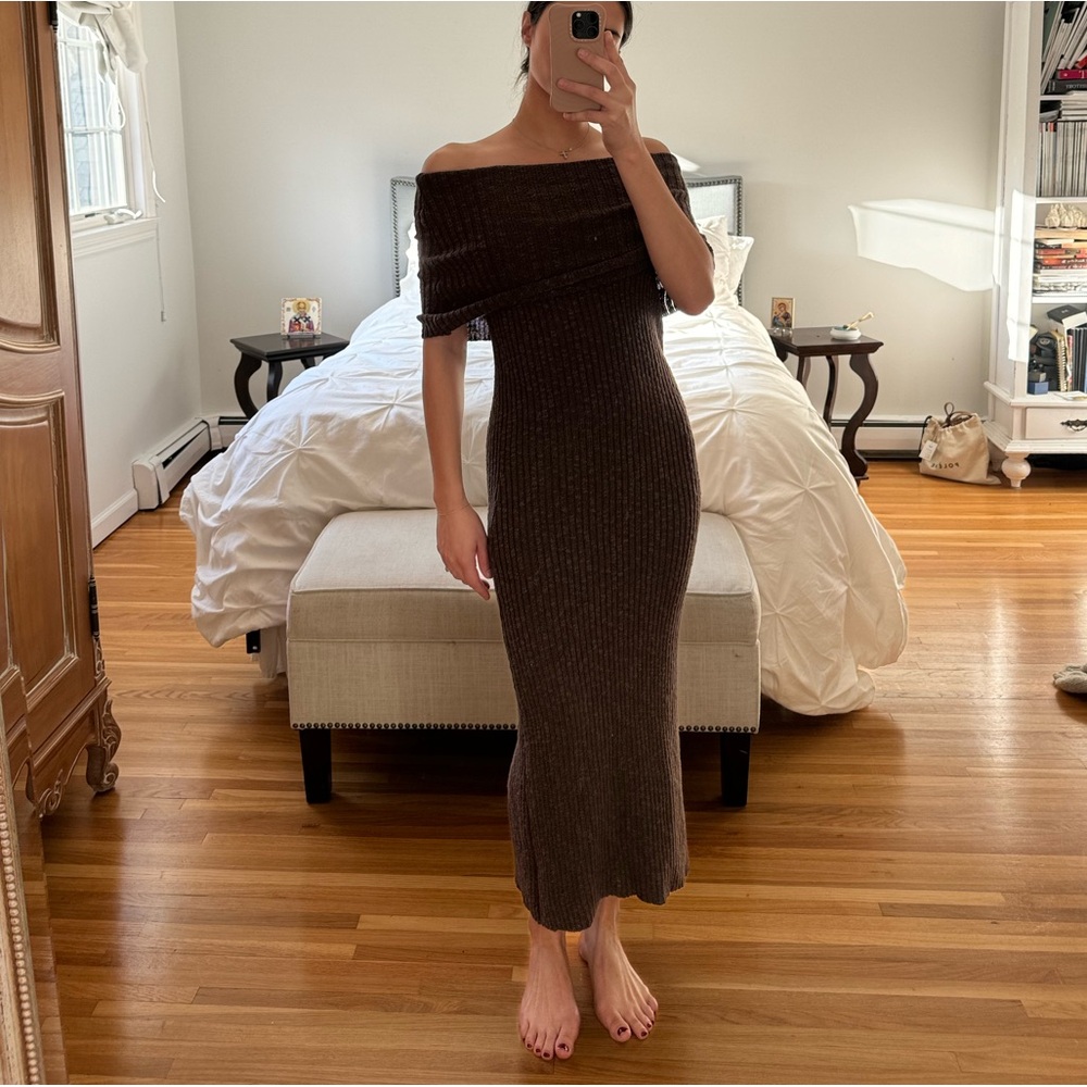 Off-Shoulder Ribbed Midi Dress in Dark Brown